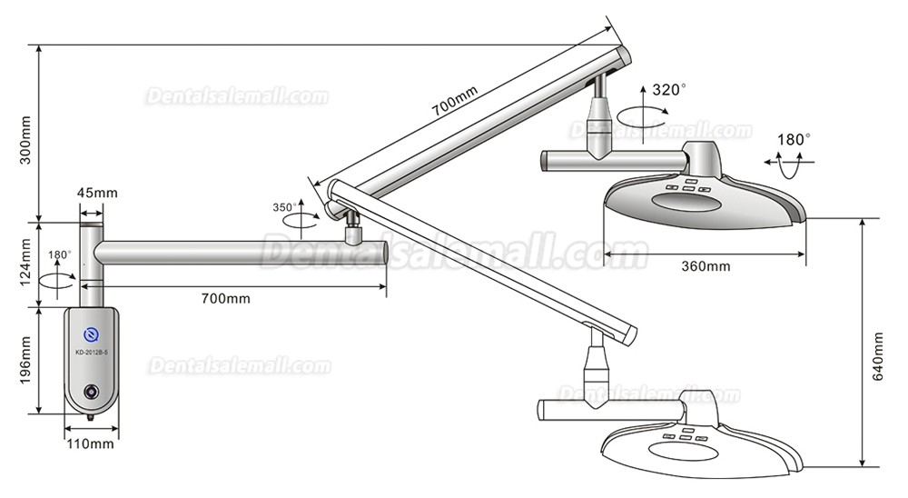 KWS KD-2012B-5 90W Wall-Mounted Dental Surgical Light Shadowless Medical LED Exam Lamp